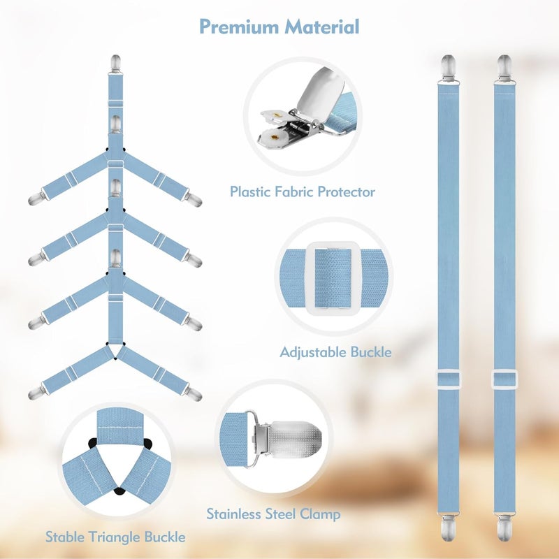 Eiruseed Bed Sheet Holder Straps, 4+2 Pcs Adjustable Mattress Sheet Clips, Bed Sheet Fasteners Elastic Sheet Suspenders to Keep Bed Sheet in Place for Different Beds (Blue) - Image 5